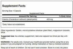 Paquet de Swanson Cilantro 425 mg avec informations nutritionnelles
