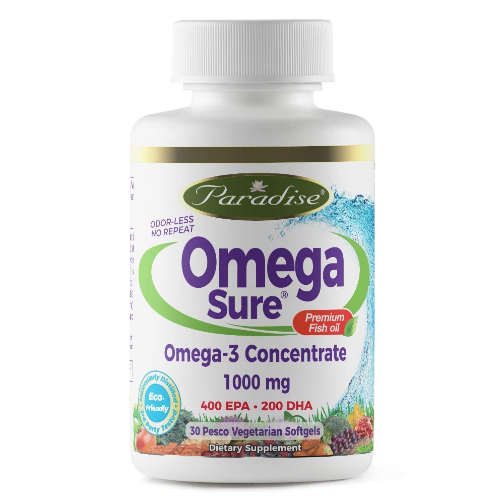 Paradise Herbs Omega Fish Oil 1000 mg en capsules végétales, vue de face