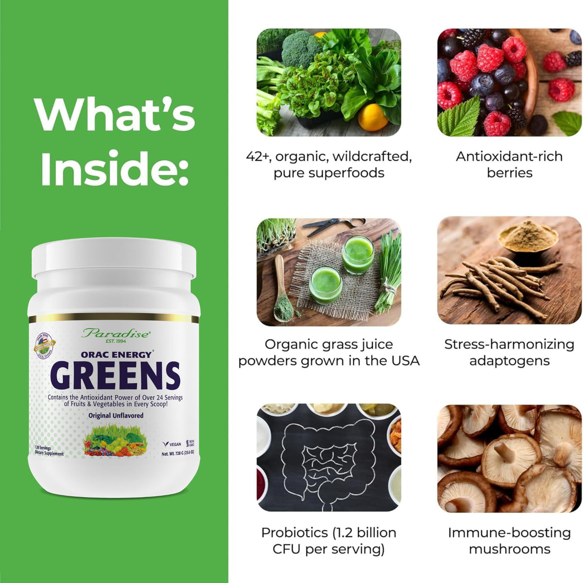 Paradise Herbs ORAC Energy Greens Poudre 120 Portions en poudre dans un verre