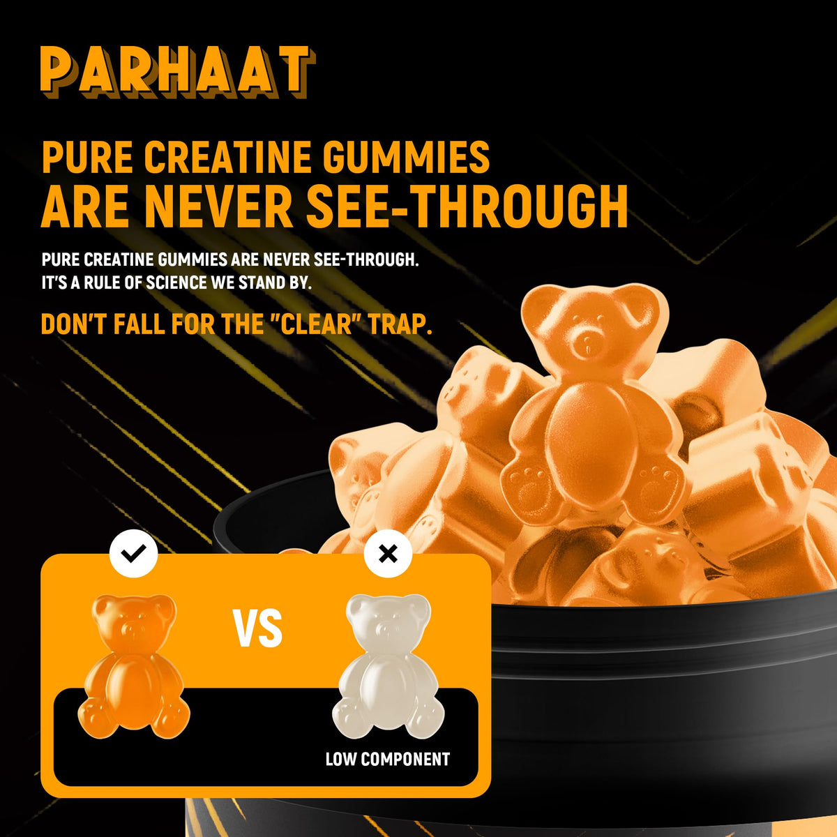 Parhaat Gummy de Créatine Monohydrate gummies orange à côté d'une bouteille d'eau