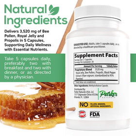 Parker Naturals capsules de pollen d'abeille avec étiquette