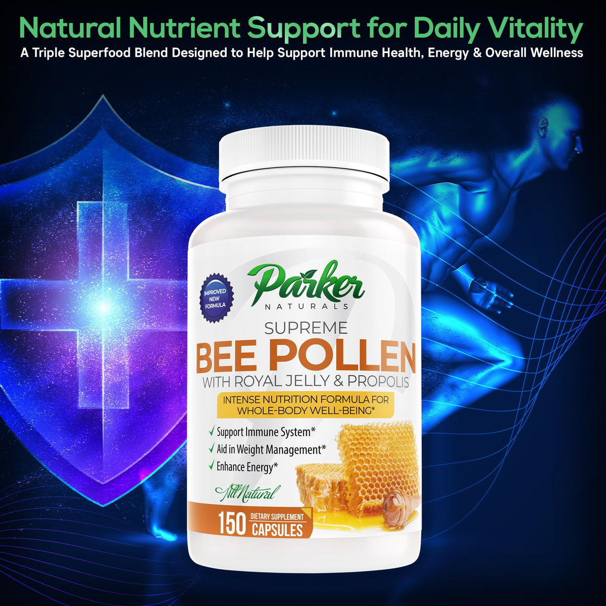 Parker Naturals capsules de pollen d'abeille sur fond blanc