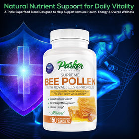 Parker Naturals capsules de pollen d'abeille sur fond blanc