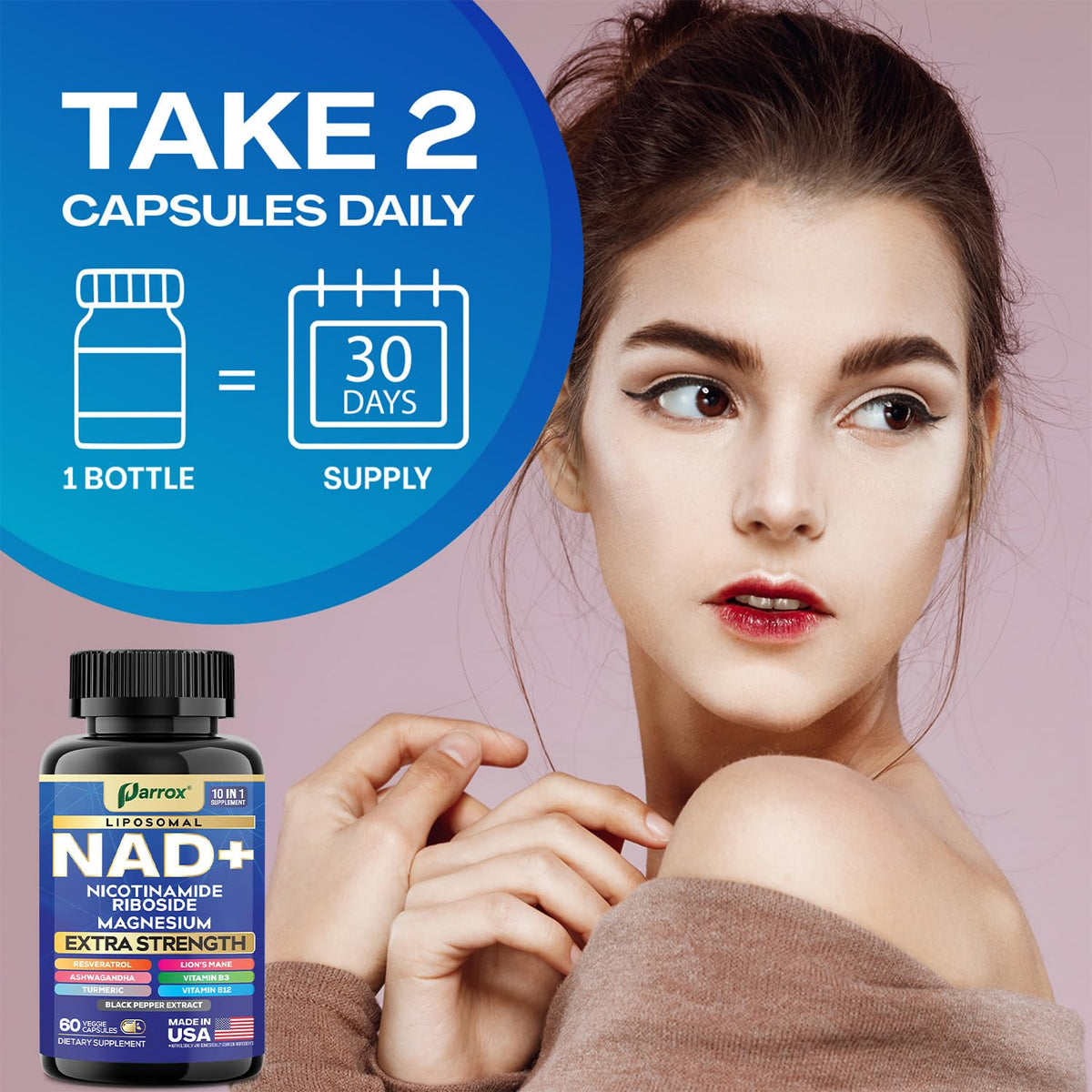 Parrox 60 capsules de complément NAD+ sur une table