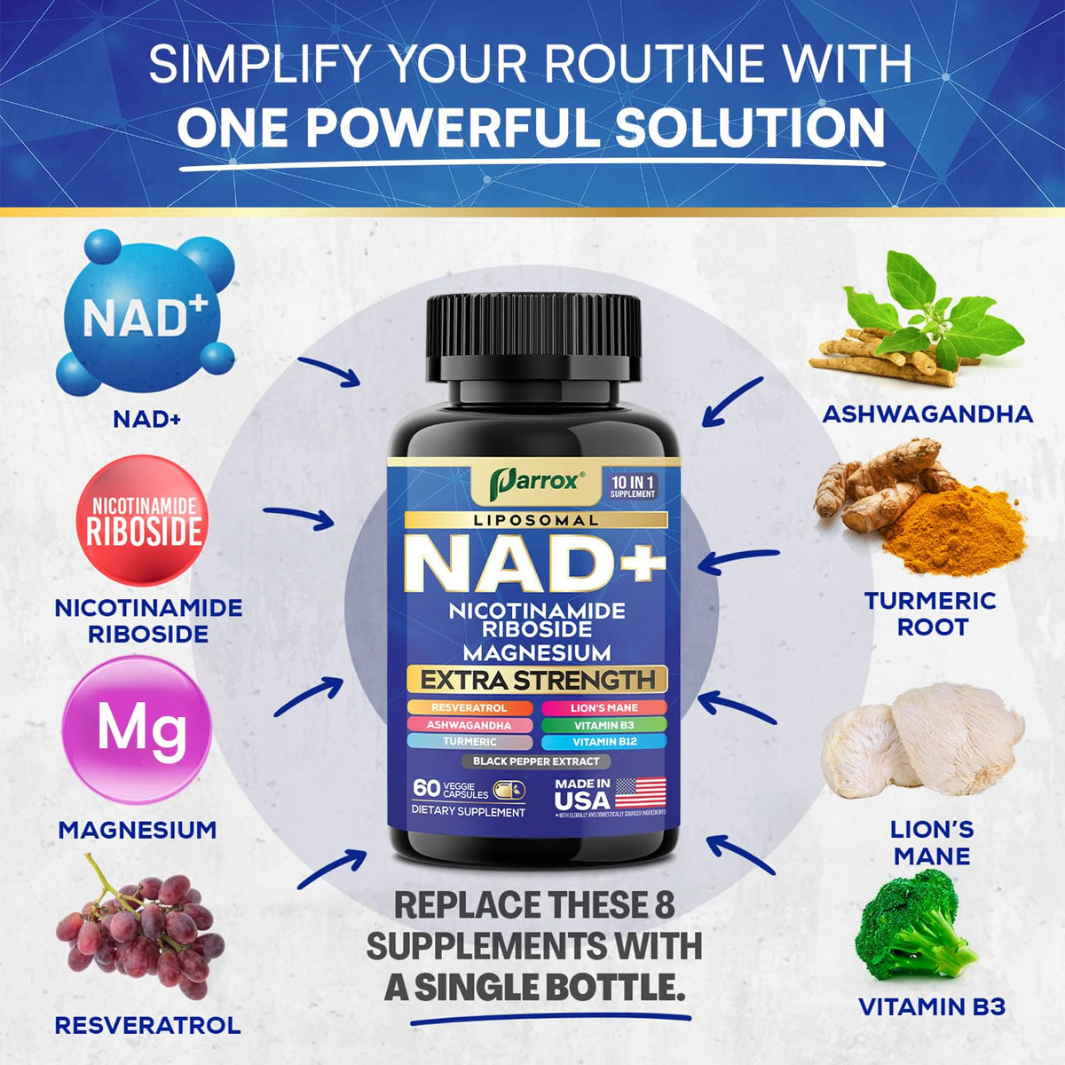 Parrox complément alimentaire NAD+ 10-en-1 60 capsules vue arrière