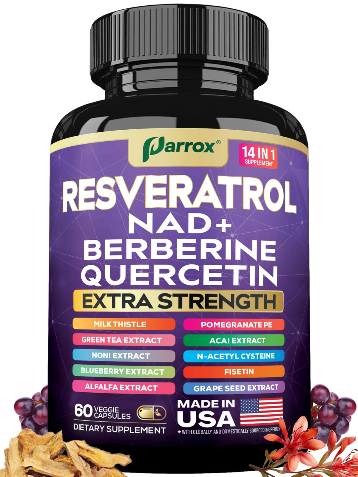 Parrox Complément Alimentaire Resvératrol 14-en-1 boîte avant vue