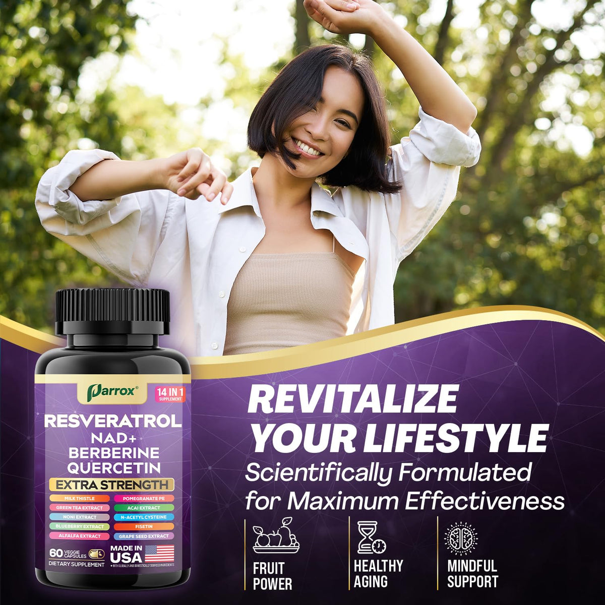 Parrox Complément Alimentaire Resvératrol 14-en-1 capsules dans un verre
