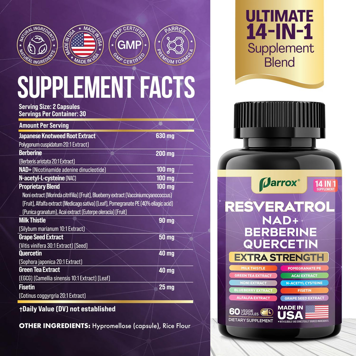 Parrox Complément Alimentaire Resvératrol 14-en-1 capsules sur fond blanc