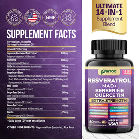 Parrox Complément Alimentaire Resvératrol 14-en-1 capsules sur fond blanc