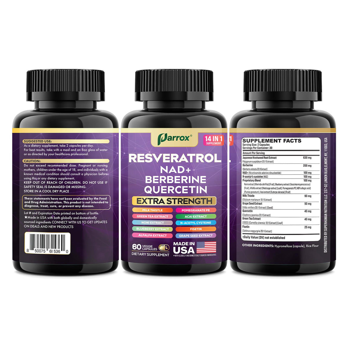 Parrox Complément Alimentaire Resvératrol 14-en-1 près de fruits frais