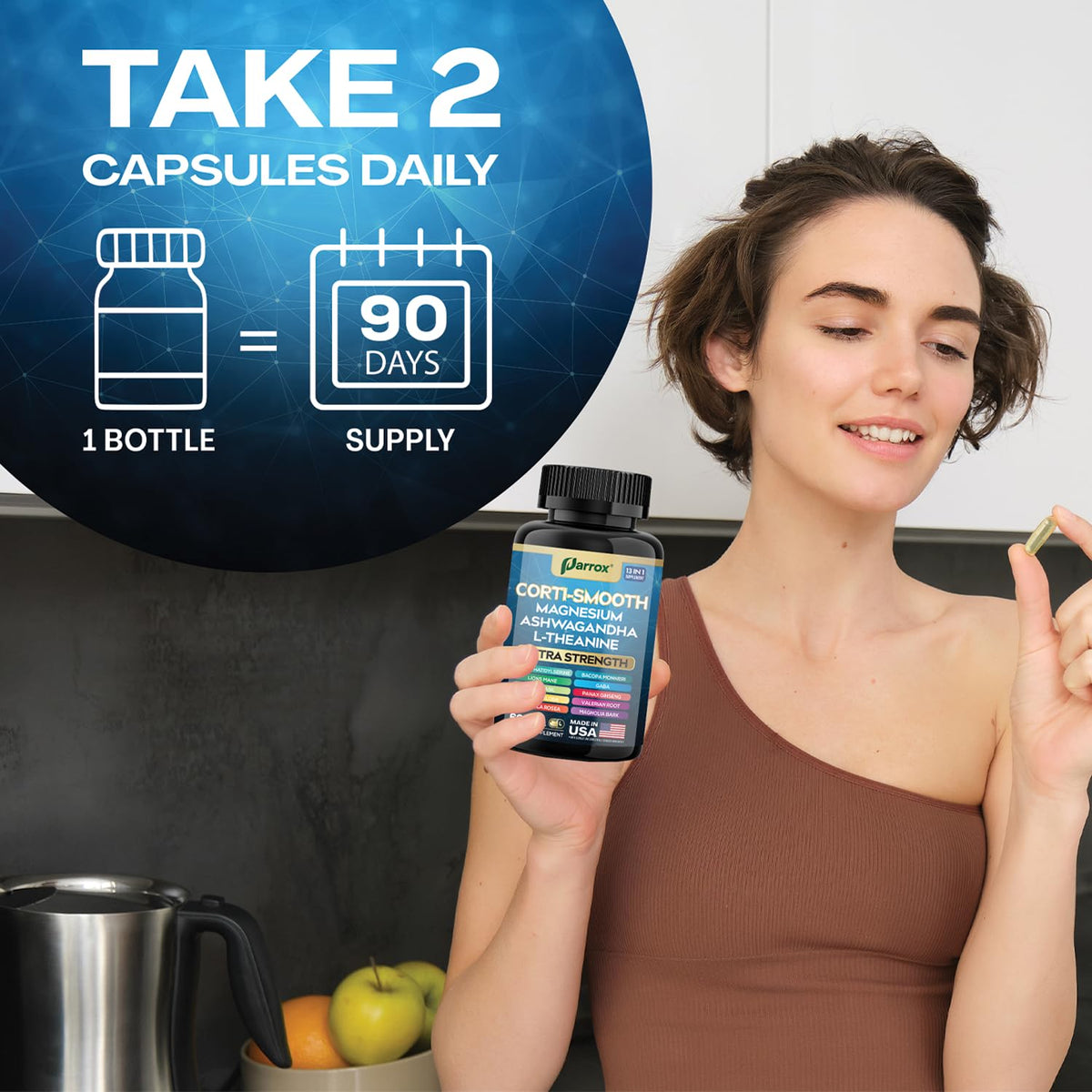Parrox Corti-Smooth 180 gélules avec un verre d'eau à côté