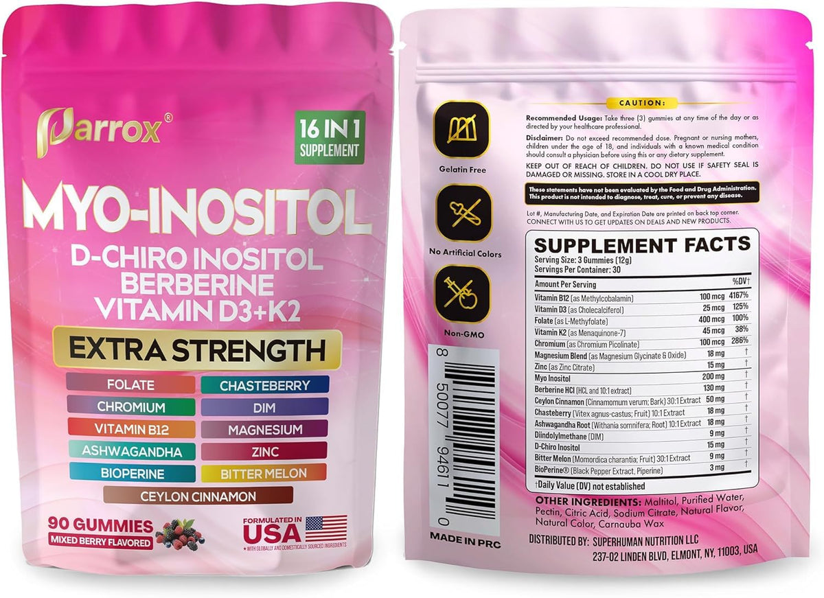 Parrox Gummies Myo-Inositol & D-Chiro Inositol gummies sur fond blanc