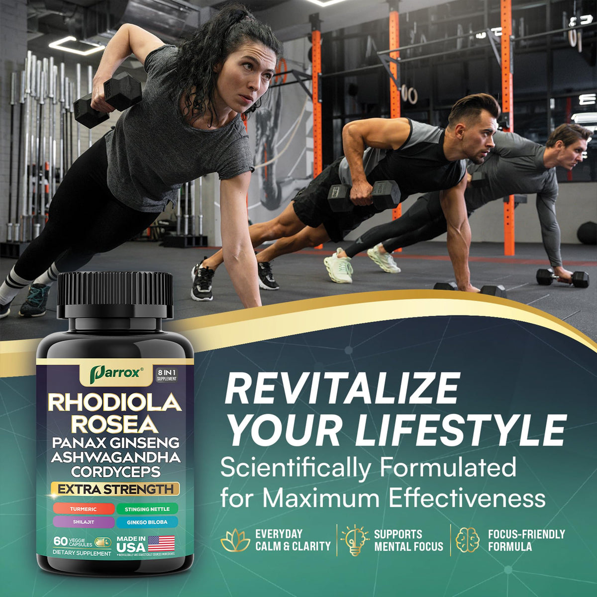 Parrox Rhodiola Rosea 8-en-1 avec verre d'eau et assiette de nourriture