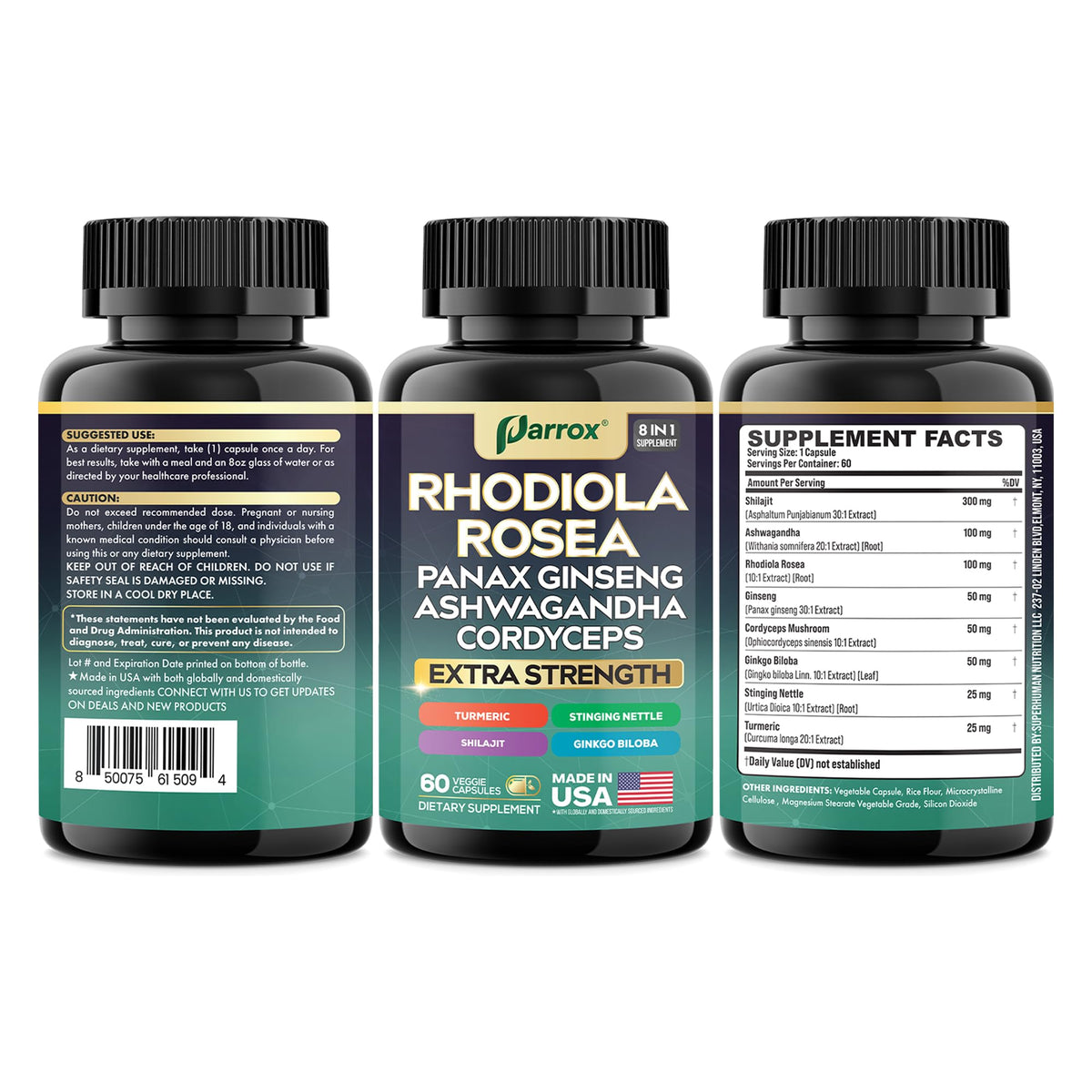 Parrox Rhodiola Rosea 8-en-1 capsules en gros plan
