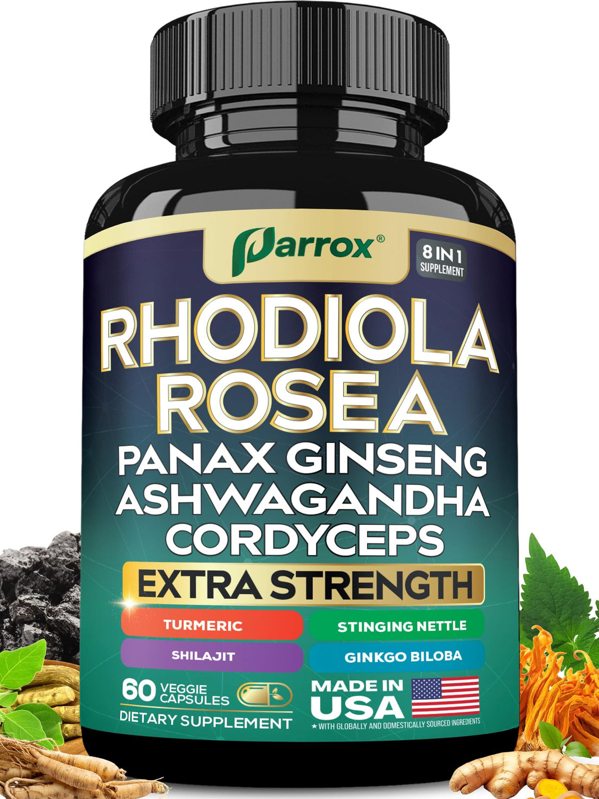 Parrox Rhodiola Rosea 8-en-1 complément alimentaire 60 capsules vue de face