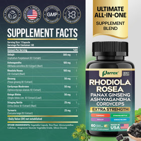 Parrox Rhodiola Rosea 8-en-1 étiquette avec ingrédients clés