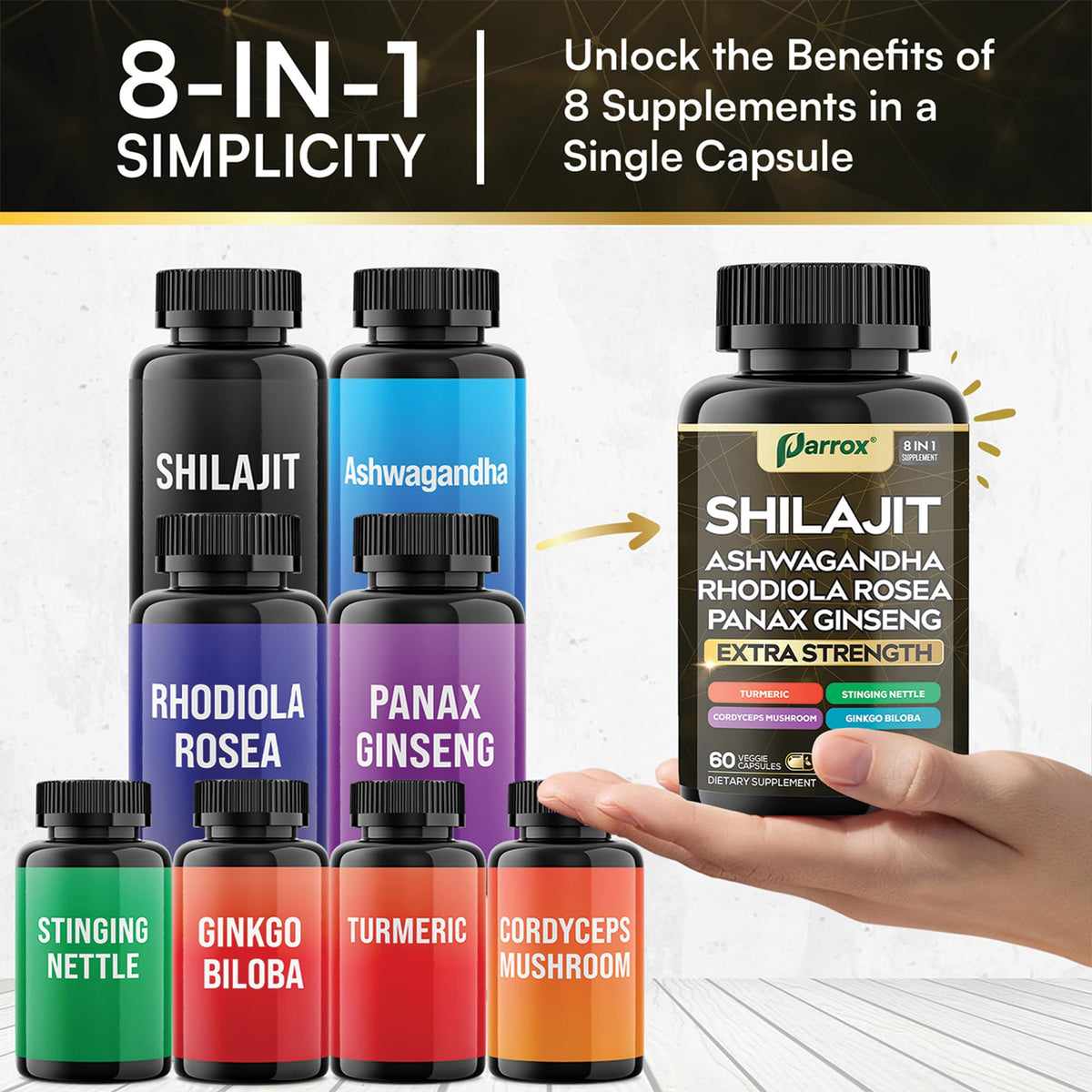 Parrox Shilajit 8-en-1 capsules sur fond blanc