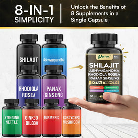 Parrox Shilajit 8-en-1 capsules sur fond blanc