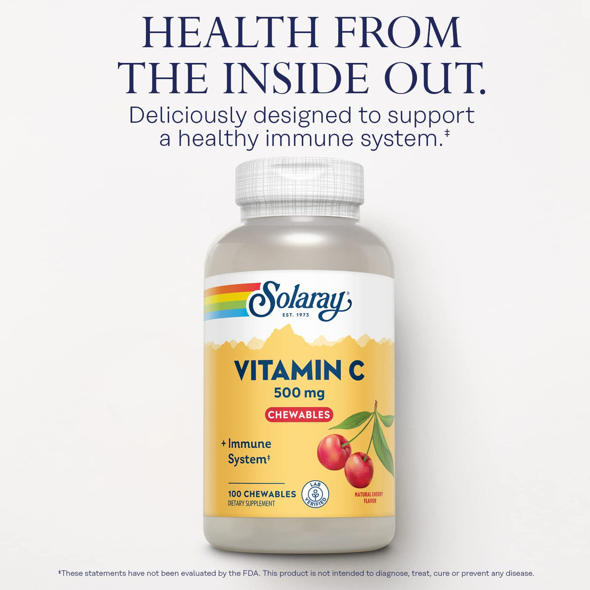 Pastille à mâcher Vitamine C SOLARAY 500 mg sur fond blanc