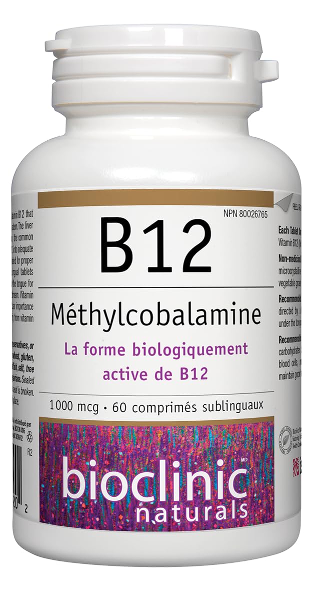 Pastille B12 Methylcobalamin de Bioclinic Naturals sur une surface blanche