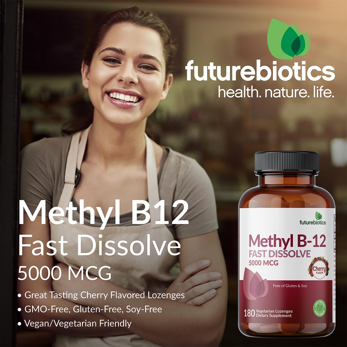 Pastille cerise Futurebiotics Methyl B12 sur une surface blanche