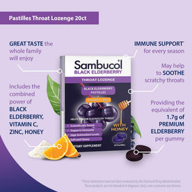 Pastilles de sureau noir Sambucol sur fond blanc