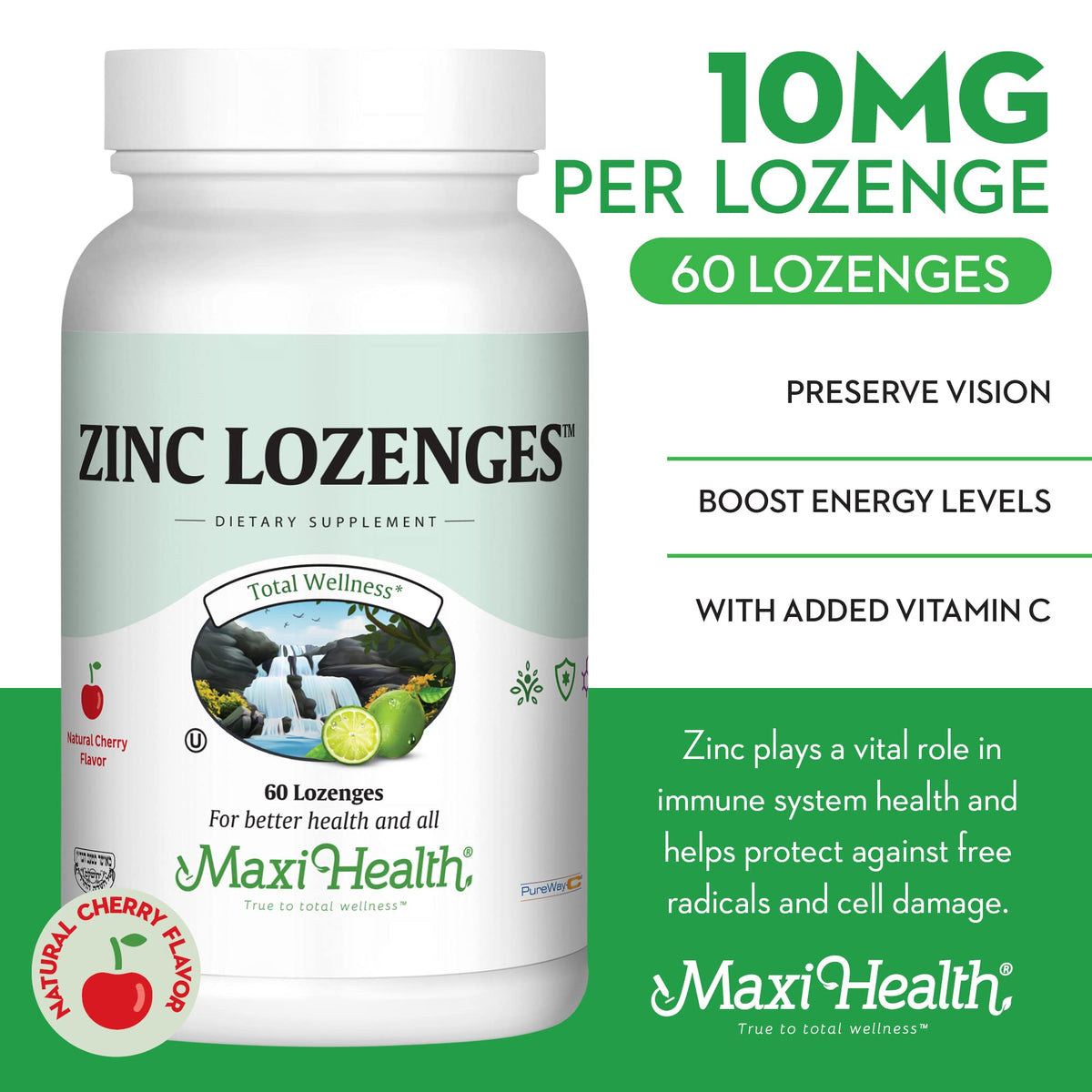 Pastilles de Zinc Maxi Health 10mg avec Vitamine C, vue arrière du packaging
