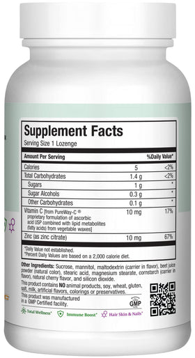 Pastilles de Zinc Maxi Health 10mg, détails des ingrédients sur l'emballage