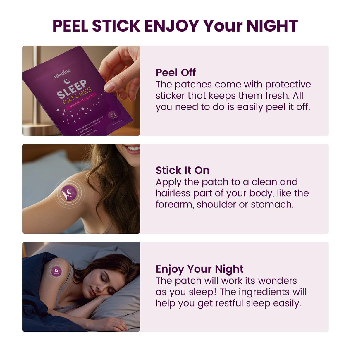 Patch de sommeil Adellina appliqué sur la peau