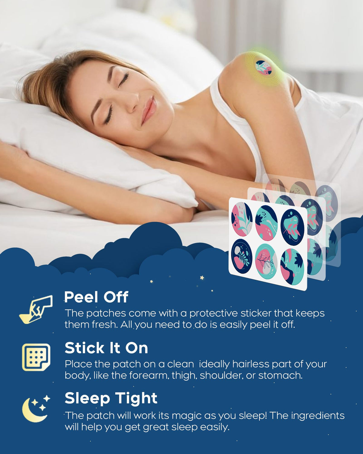 Patch de sommeil RAAYAM appliqué sur la peau