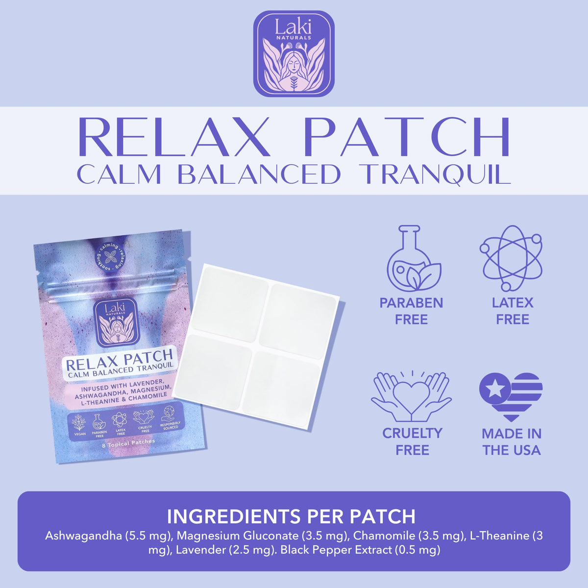 Patch Laki Naturals, présentation des ingrédients sur l'emballage