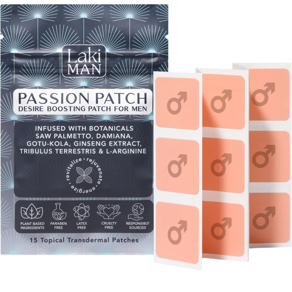 Patch Passion pour Hommes Laki Naturals, modèle avant avec design adhésif