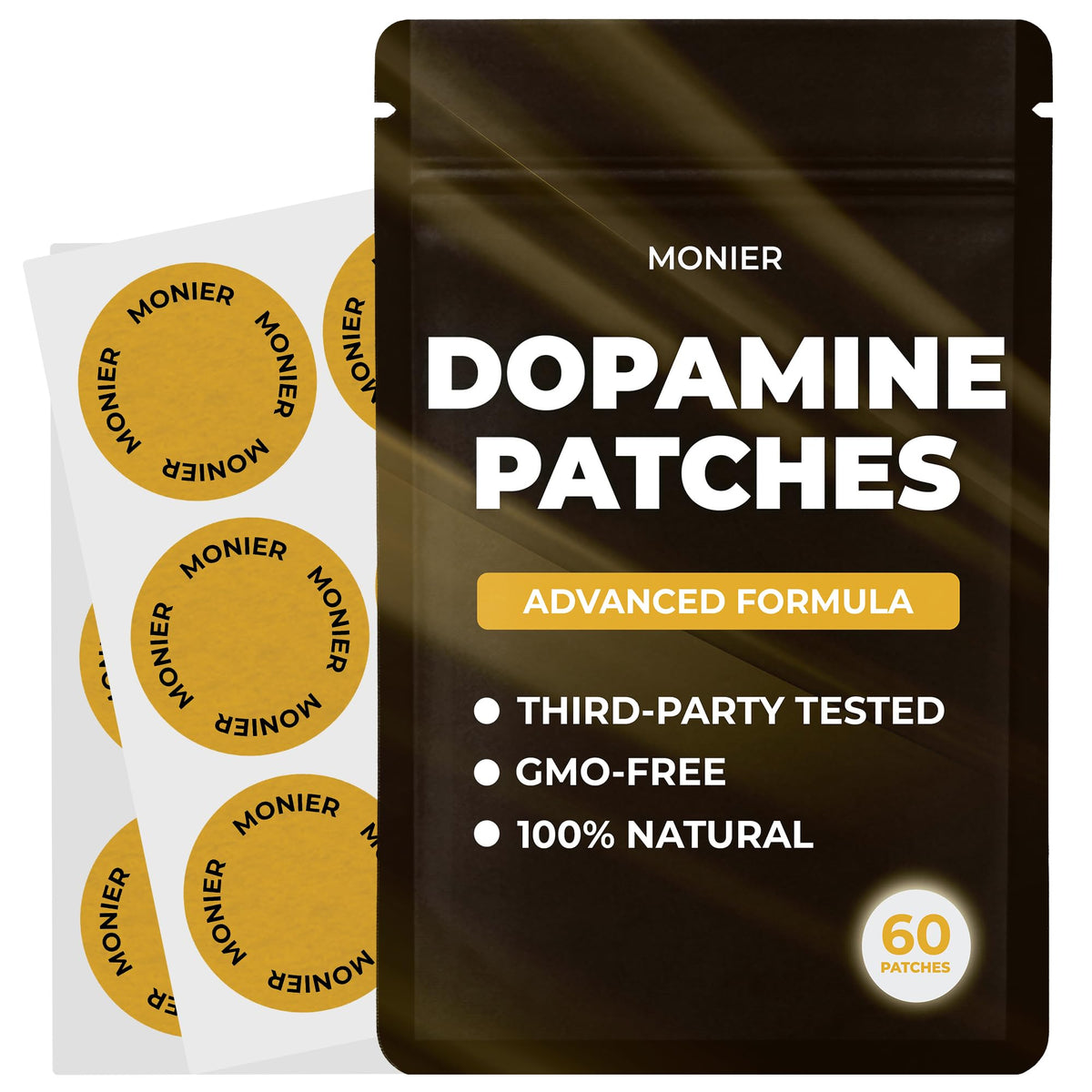 Patches de dopamine MONIER sur fond blanc, vue de face