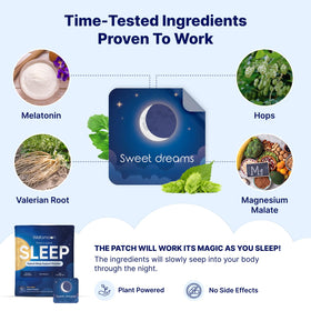 Patches de sommeil Wellamoon à côté d'une montre réveil et d'une tisane