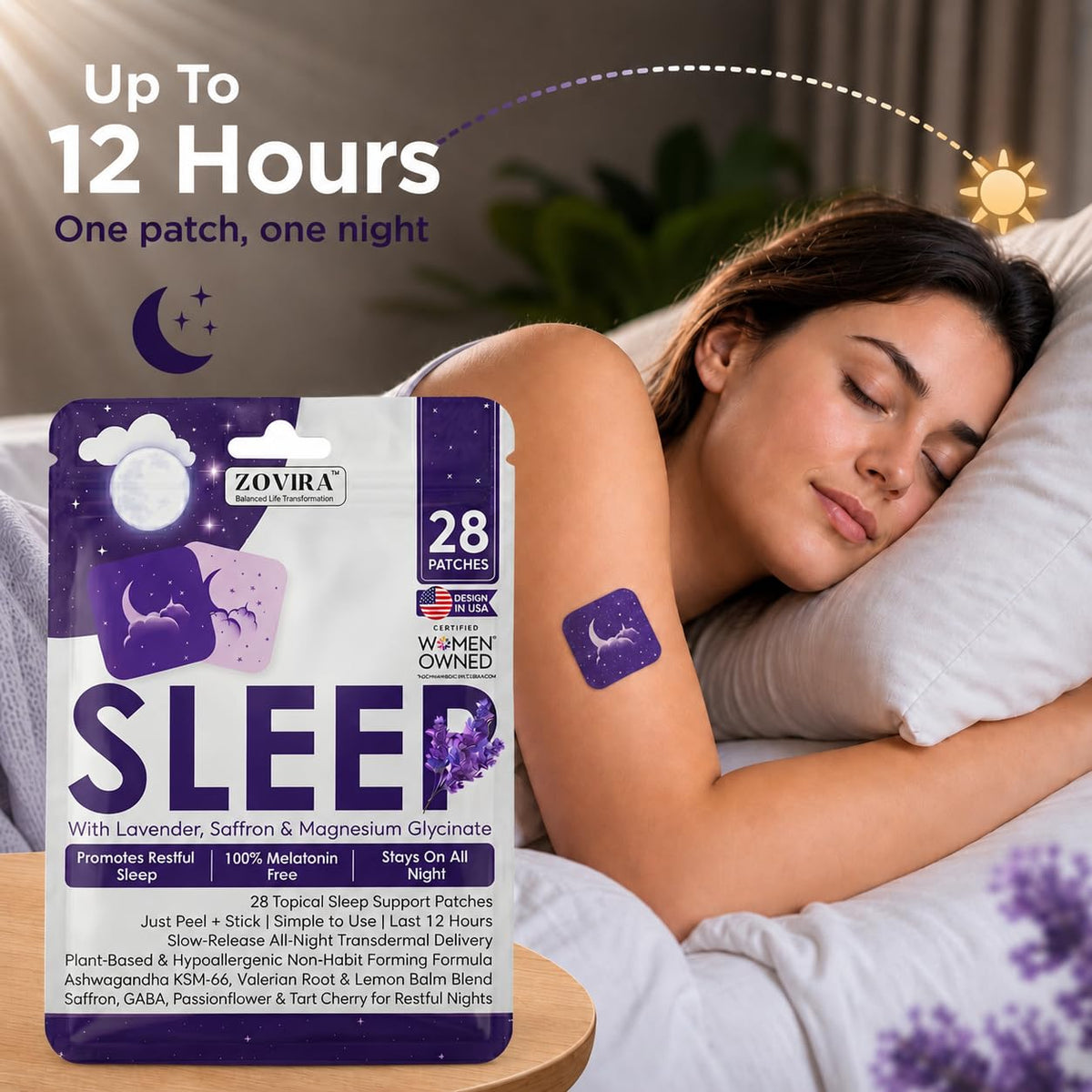 Patches de sommeil ZOVIRA sur un fond de lit