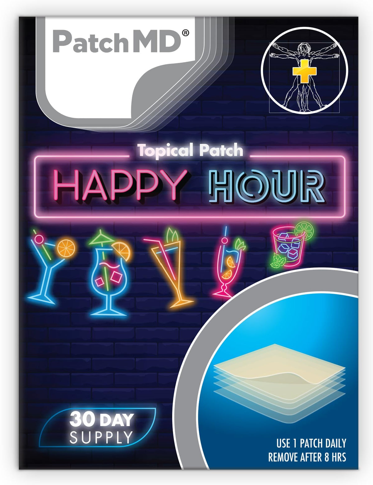 PatchMD Happy Hour Patch vue de face, avec emballage et description