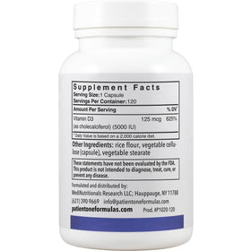 Patient One Vitamine D3 5 000 UI 120 capsules sur fond blanc