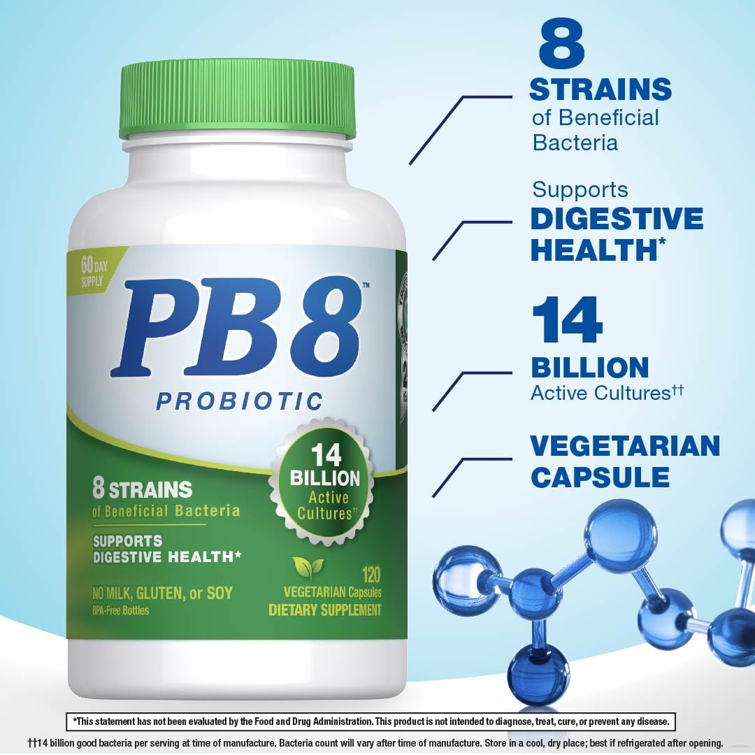 PB8 Probiotic 120 capsules végétariennes sur fond blanc