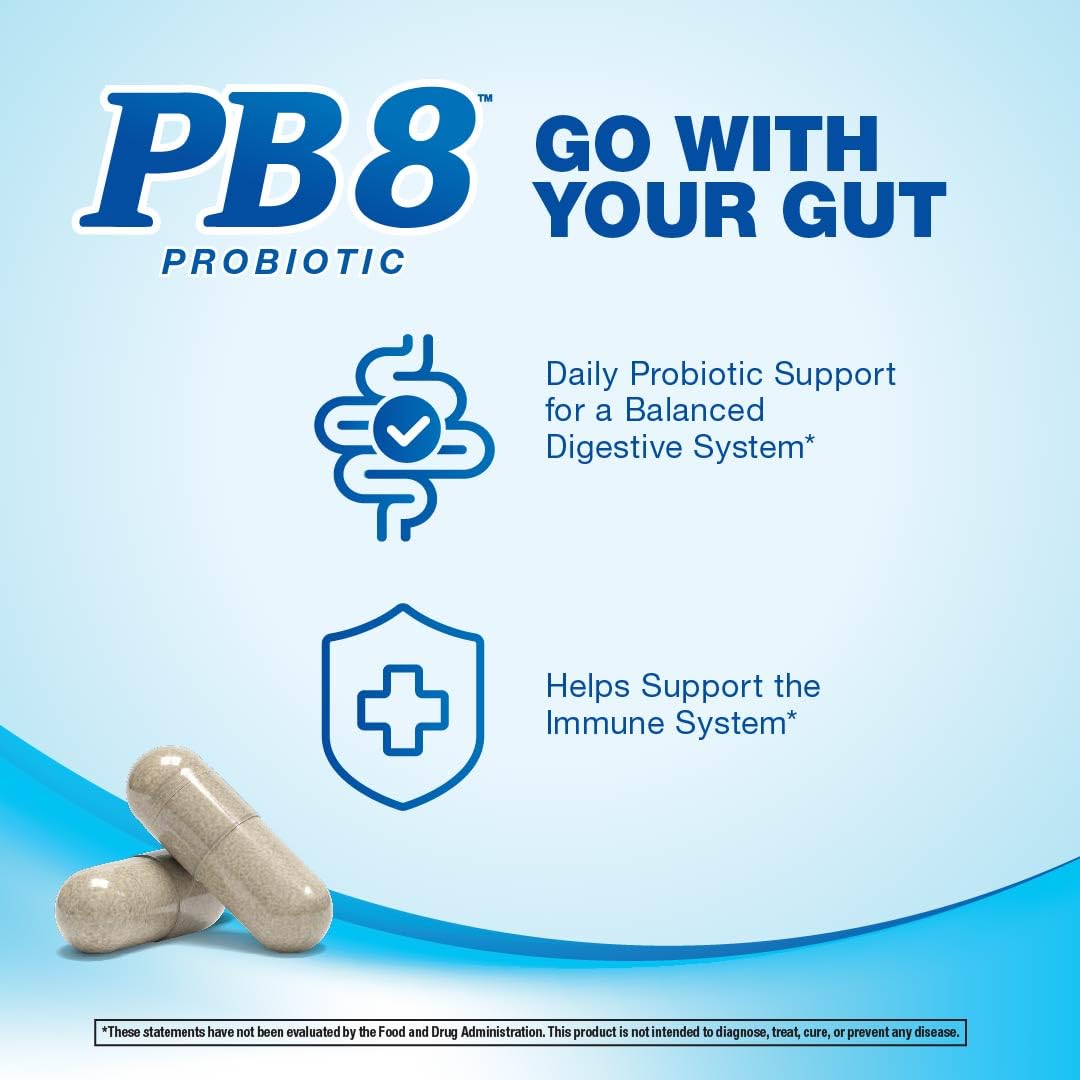 PB8 Probiotic avec des capsules sur une table