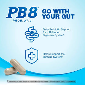 PB8 Probiotic avec des capsules sur une table
