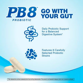 PB8 Probiotic sur une table avec d'autres compléments alimentaires