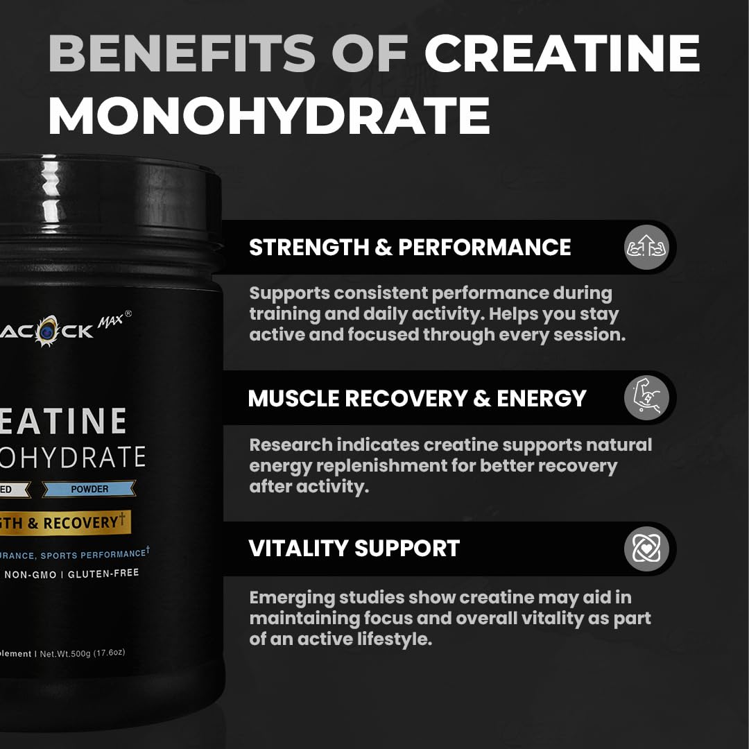 Peacock Max Poudre de Créatine Monohydrate 500g à côté d'un shaker