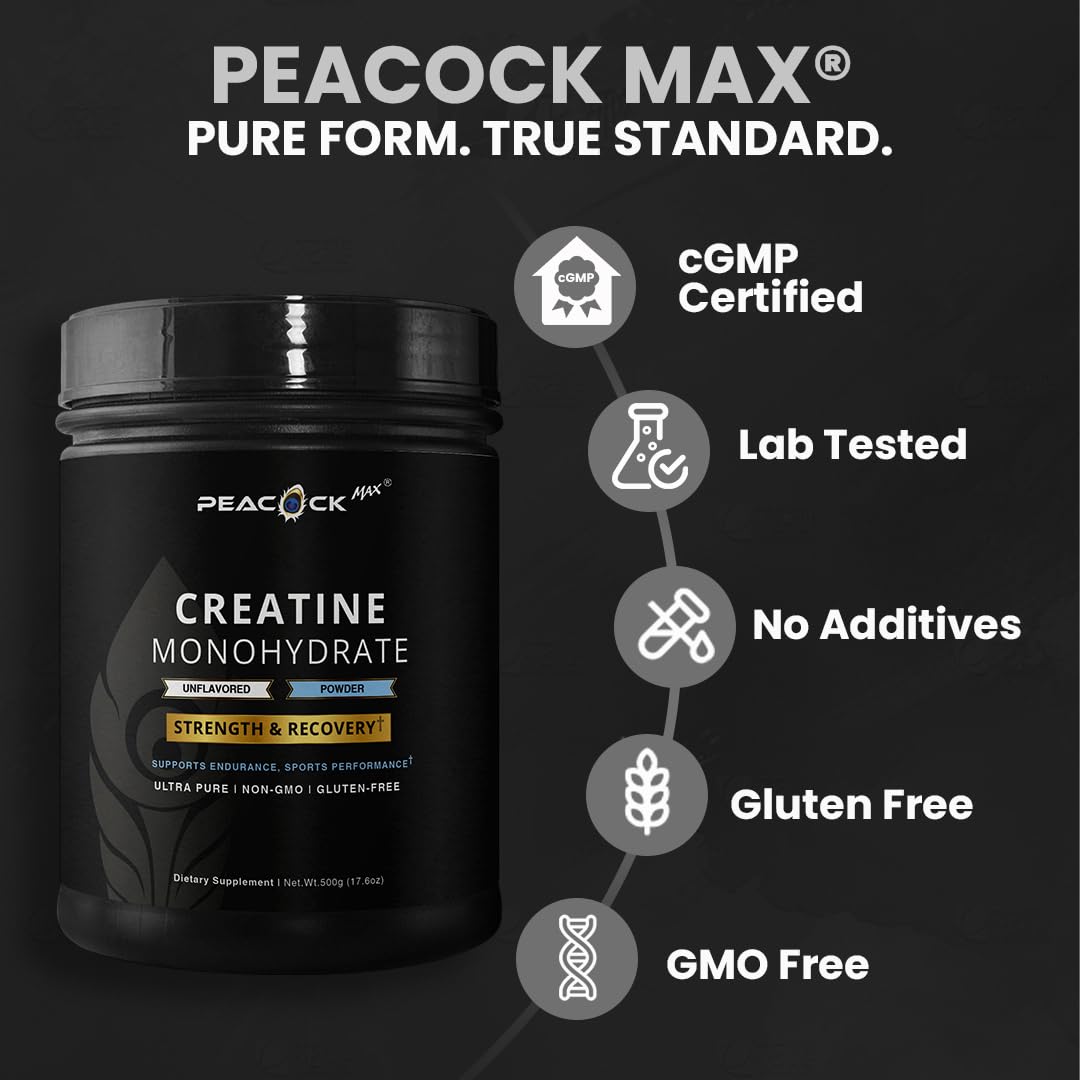 Peacock Max Poudre de Créatine Monohydrate 500g avec un mélange de protéines