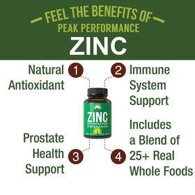 Peak Performance Complément Zinc Vegan 30mg emballage avec informations nutritionnelles