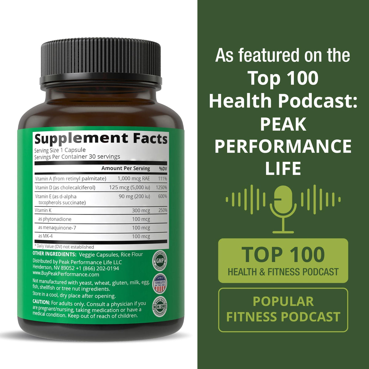 Peak Performance Compléments Alimentaires D 5 000 UI A K E Vegan nutritional information