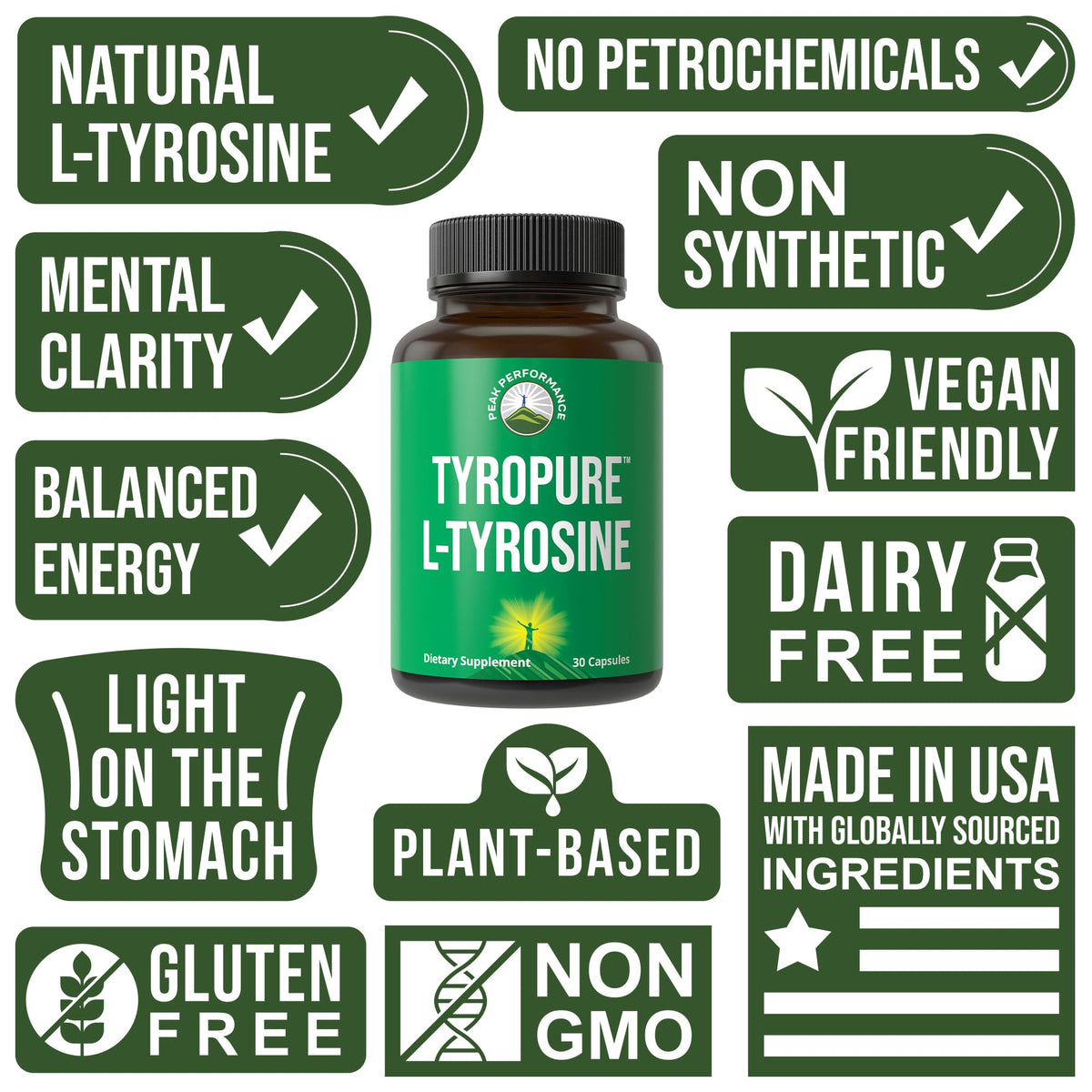 Peak Performance TyroPure L-Tyrosine bottle with label