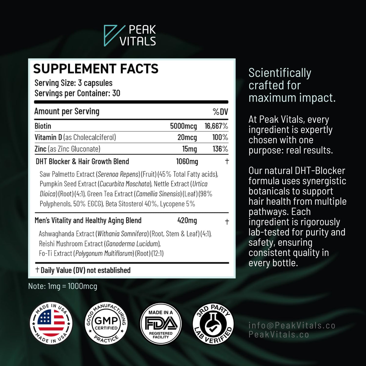 PEAK VITALS Complément Alimentaire DHT 90 Capsules arrière