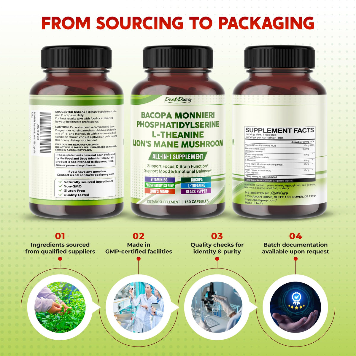 PEAKPURY Bacopa flacon avec capsules à côté d'un bloc-notes