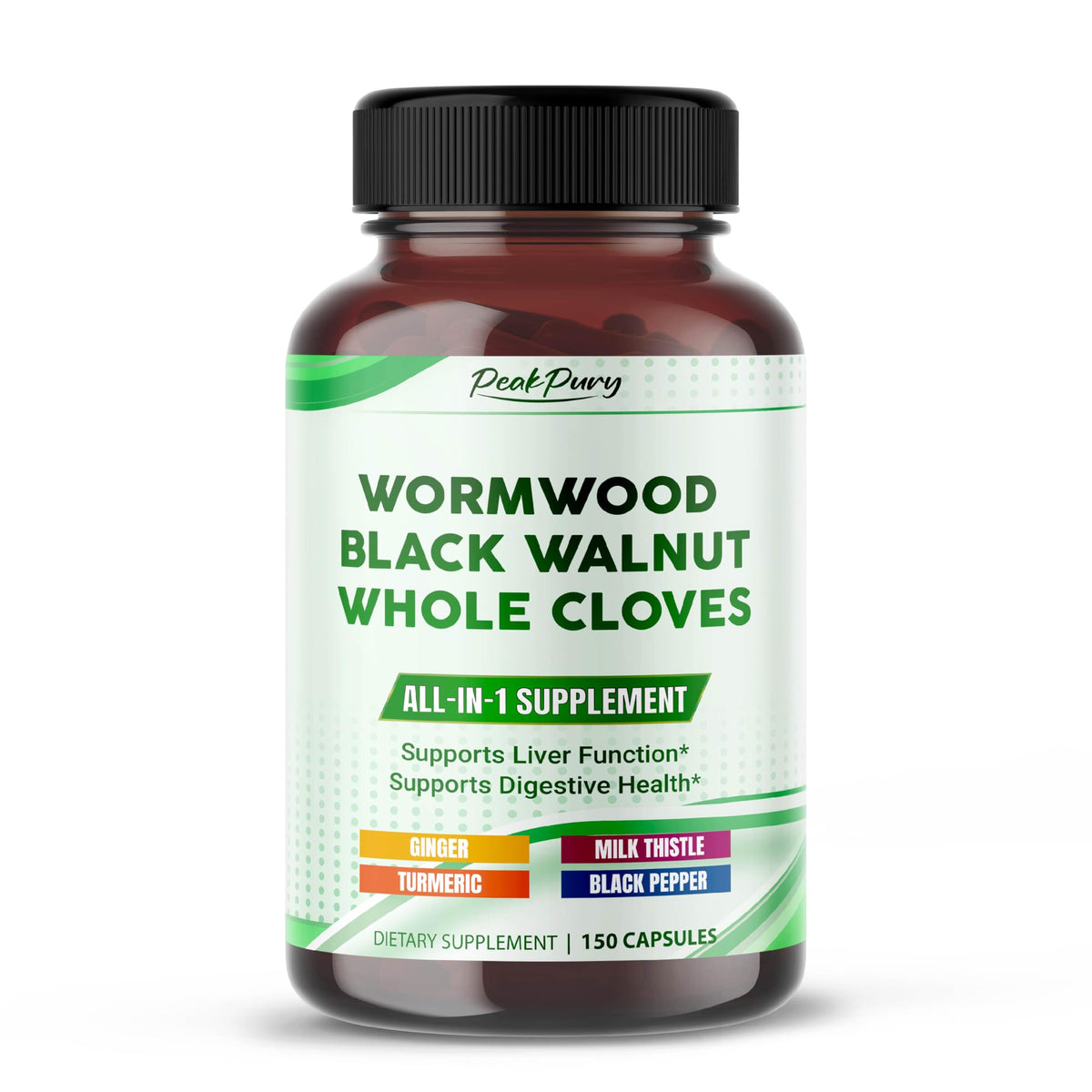 PEAKPURY Complément Alimentaire 150 Capsules de Vermouth et Noix Noir, vue de face