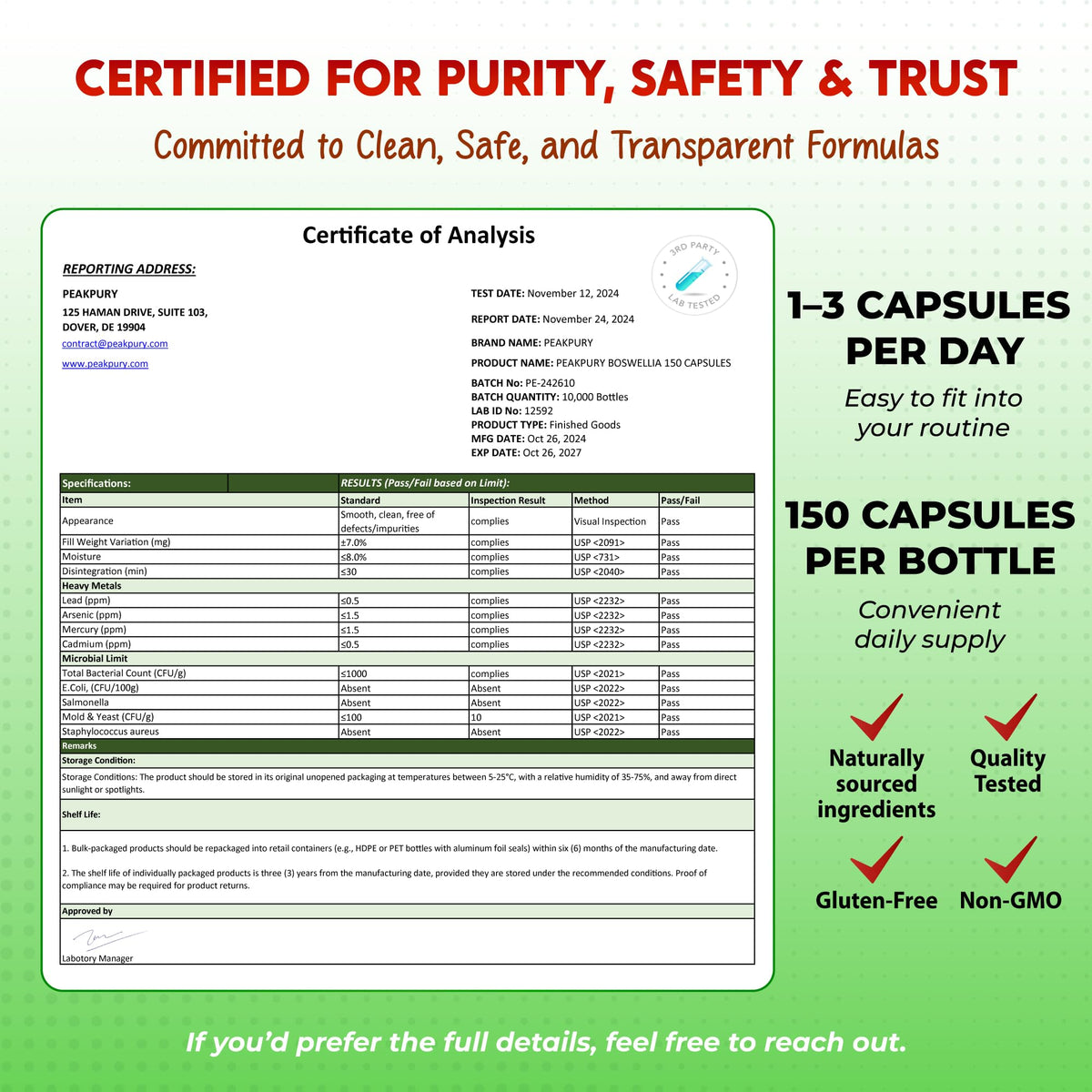 PEAKPURY Complexe Boswellia 1470 mg flacon ouvert avec capsules